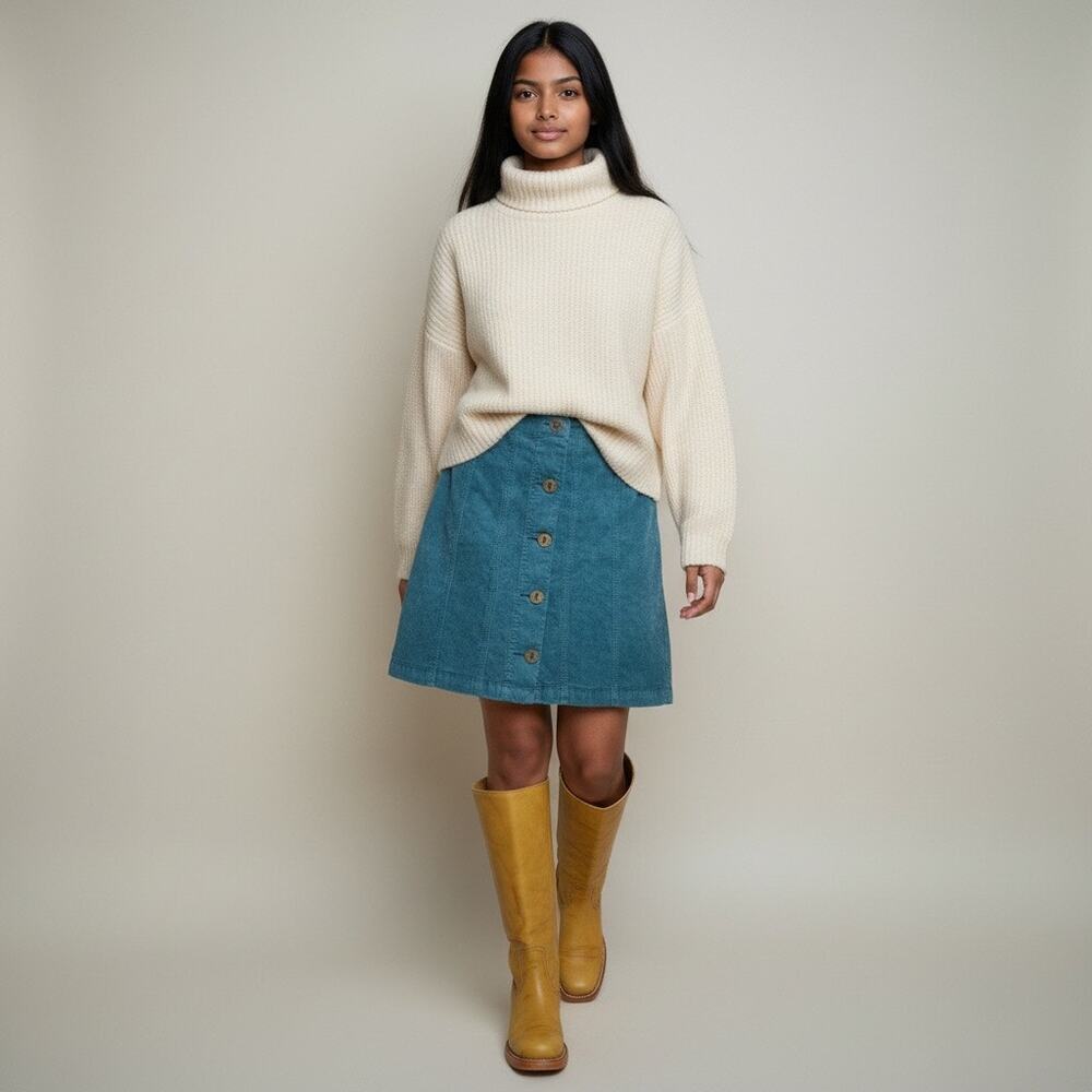 Anthropologie Pilcro Teal Corduroy Button Front Mini Skirt Boho Size 2